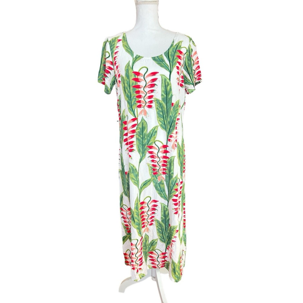 Hilo Hattie Hawaiian Original Maxi Dress Womens Medium White Red Floral Tropical